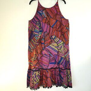 NWT For The Republic Tropical Palm Leaf Sun Dress, Pom Pom Ruffle Hem Size M